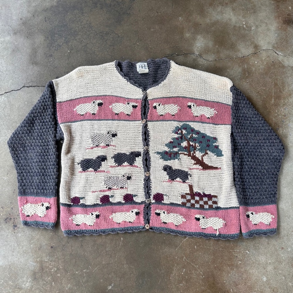IVY Cardigan Sweater Womens L Grey Pink Excellent Vintage Sheep Intarsia Knit